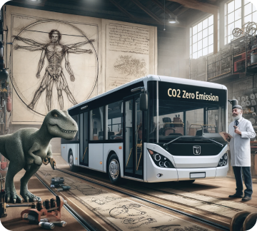 apron bus in a scientist warehouse next to a dinosaur
