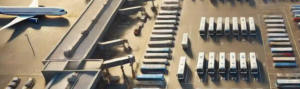 Top down view of airport bus parking lot next to plane